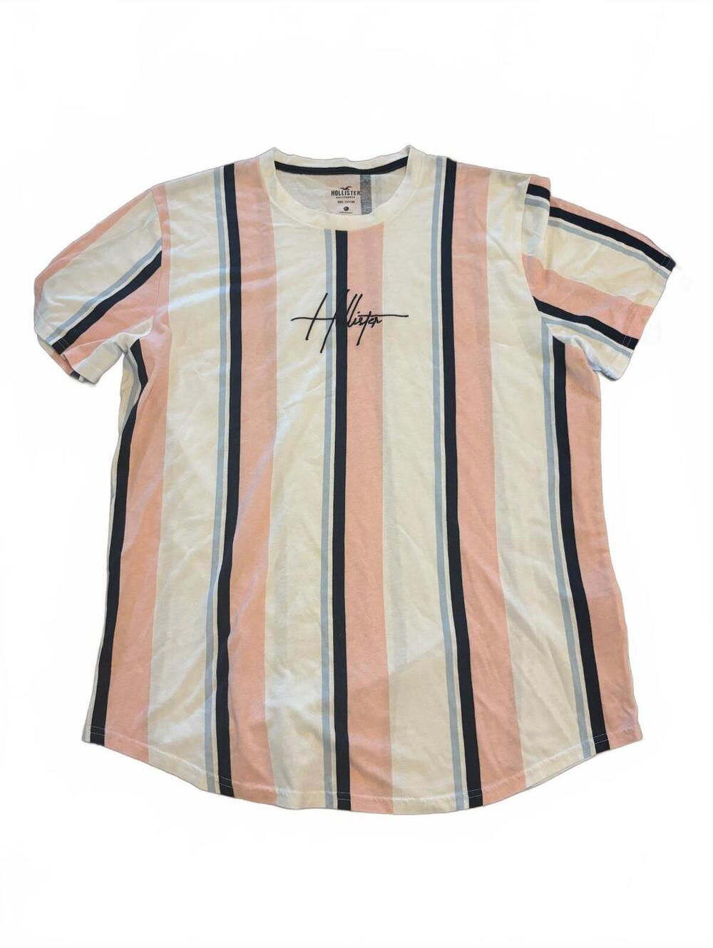 Hollister Striped Logo Tee Men’s XL White Pink Blue 100% Cotton